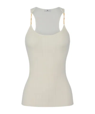 Elisabetta Franchi Top In Ribbed Knit Fabric With Openwork Details In White