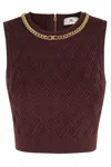 Elisabetta Franchi Cropped Sleeveless Sweater Gold Chain Detail In Burgundy