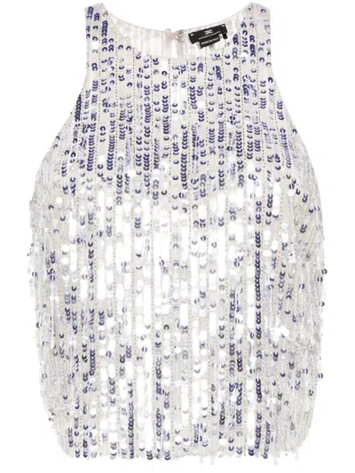 Elisabetta Franchi Sequined Tulle Top In Silver