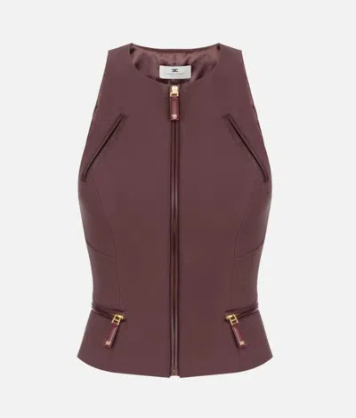 Elisabetta Franchi Double Crepe Top With Burgundy Zip Details In Brown