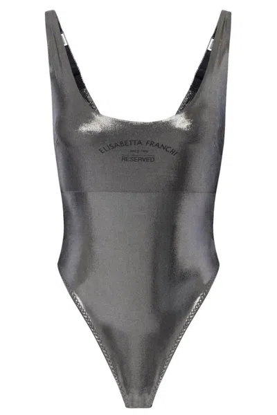 Elisabetta Franchi Logo-print Metallic Bodysuit In Silver