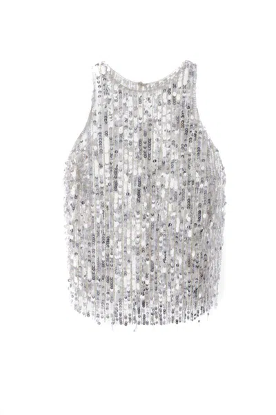 Elisabetta Franchi Sequined Halter Top With Fringe Detail And Silhouette In Silver