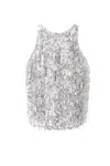 Elisabetta Franchi Sequined Halter Top With Fringe Detail And Silhouette In Silver