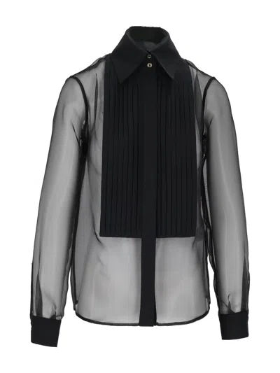 Elisabetta Franchi Translucent Pleated Bib Classic Collar Blouse In Black
