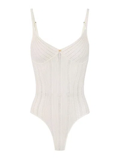 Elisabetta Franchi Ivory Body Tricot Rhinestones Viscose-blend Bodysuit In White