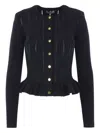 Elisabetta Franchi Tricot Pattern Sweater With Padded Shoulder Straps And Embroidered Hem In Black