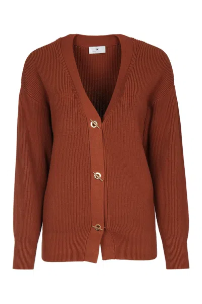 Elisabetta Franchi V-neck Ribbed Sweater With Gold T-decoration In Brown