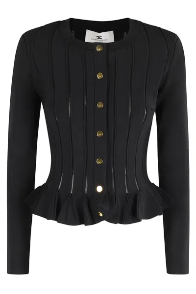 Elisabetta Franchi Tricot Pattern Sweater With Padded Shoulder Straps And Embroidered Hem In Black