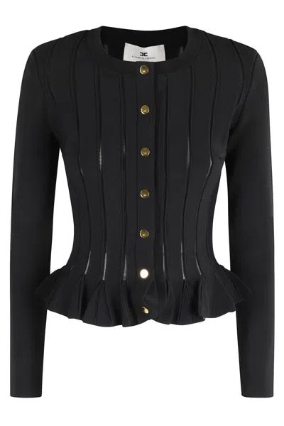ELISABETTA FRANCHI TRICOT PATTERN SWEATER WITH PADDED SHOULDER STRAPS AND EMBROIDERED HEM