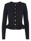 Elisabetta Franchi Tricot Pattern Sweater With Padded Shoulder Straps And Embroidered Hem In Black