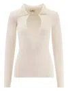 Elisabetta Franchi White Ribbed Sweater With Openwork Details In Gold