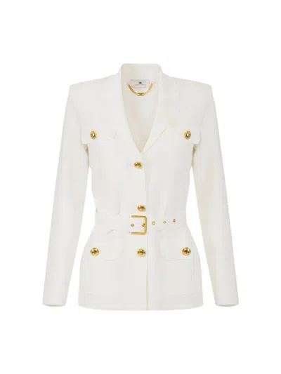 Elisabetta Franchi Tailored Jacket Belt Waist Flap Pockets In White