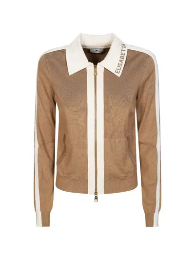 Elisabetta Franchi Crewneck Viscose Sweater Ribbed Logo Collar In Brown