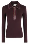 Elisabetta Franchi Tricot Sweater With Zippered Front And Contrast Trim In Burgundy