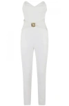Elisabetta Franchi Flowing Crepe Jumpsuit With White Macro Bow In Beige