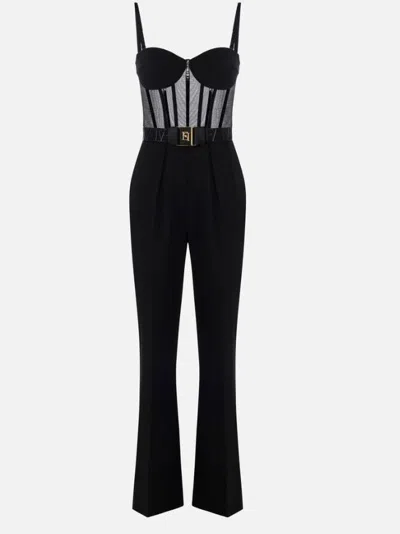 Elisabetta Franchi Light Crepe And Tulle Jumpsuit In Black