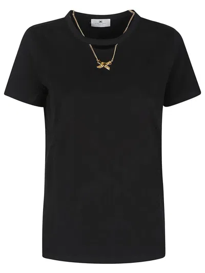 Elisabetta Franchi Crew Neck T-shirt With Gold Necklace Cut-out In Black