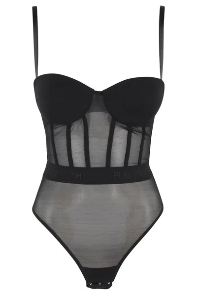 Elisabetta Franchi Tulle Crêpe Bodysuit In Black