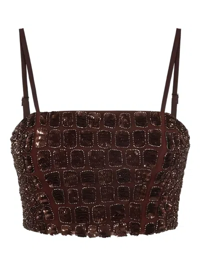 Elisabetta Franchi Tulle Crocodile-effect Top In Brown