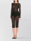 Elisabetta Franchi Tulle Dress With Crew Neckline And Mesh Panels In Brown