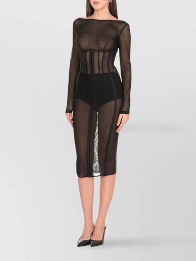 Elisabetta Franchi Tulle Dress With Crew Neckline And Mesh Panels In Brown