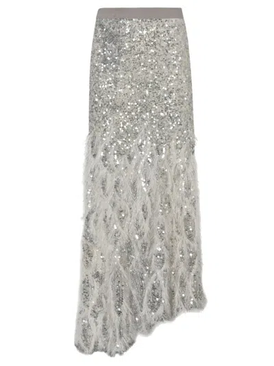 Elisabetta Franchi Tulle Embroidered Long Skirt In Silver