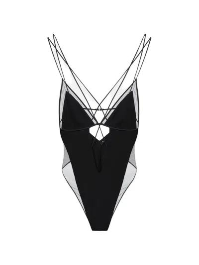 Elisabetta Franchi Tulle Insert Bodysuit In Black