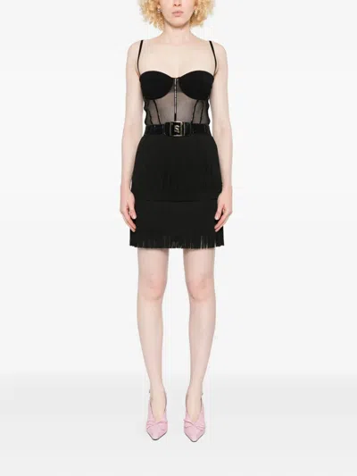 ELISABETTA FRANCHI TULLE MESH-PANEL FRINGED DRESS