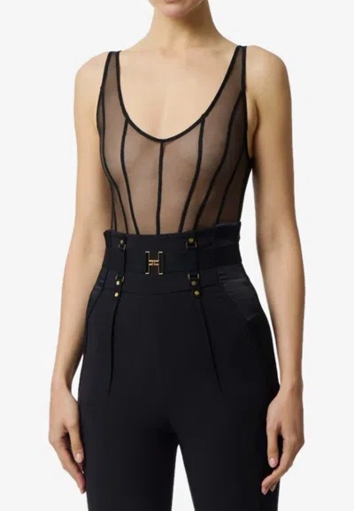 Elisabetta Franchi Tulle Micro-mesh Bodysuit In Black