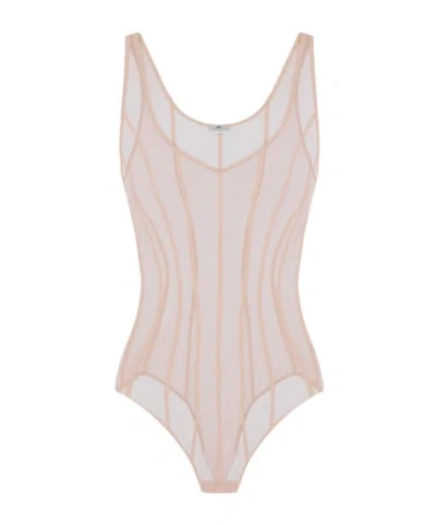 Elisabetta Franchi Tulle Micro-mesh Bodysuit In Neutral