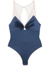 Elisabetta Franchi Sheer Back Ruched Bodysuit With Ring Embellishment In Oltremare