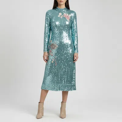 Pre-owned Elisabetta Franchi Turquoise Sequin And Mesh Floral Embroidered Midi Dress S In Blue