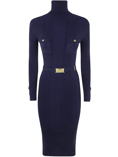 Elisabetta Franchi Turtle Neck Midi Dress With Belt In Blue