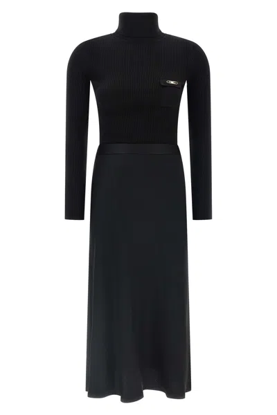 Elisabetta Franchi Ribbed Turtleneck Midi Dress In Black