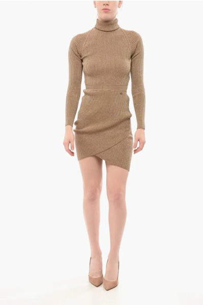 Elisabetta Franchi Turtleneck Lurex Sheath Dress In Brown