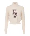 Elisabetta Franchi Chic Beige Long Neck Sweater With Burgundy Logo For Women In Nude