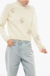 Elisabetta Franchi Turtleneck Wool Blend Sweater With Embroidered Logo In White