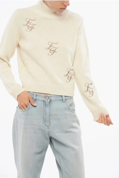 Elisabetta Franchi Turtleneck Wool Blend Sweater With Embroidered Logo In White
