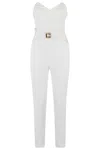 Elisabetta Franchi Flowing Crepe Jumpsuit With White Macro Bow In Avorio