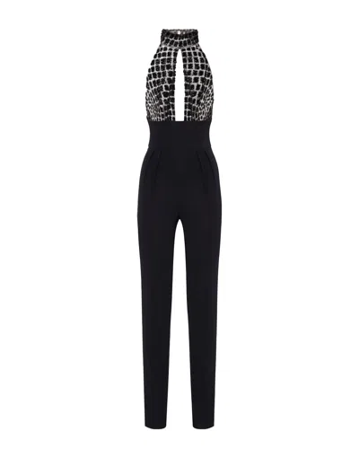 ELISABETTA FRANCHI BLACK CROCODILE EMBROIDERED JUMPSUIT