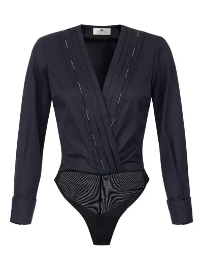 Elisabetta Franchi Tuxedo-details Logo-piping Bodysuit In Black