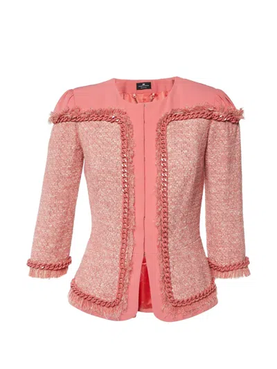 Pre-owned Elisabetta Franchi Tweed Crepe Chain-detail Jacket In Pink