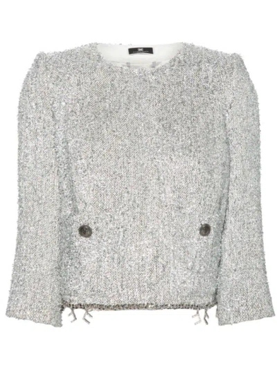 Elisabetta Franchi Tweed Cropped Jacket In Silver