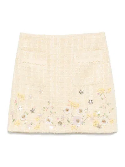 Elisabetta Franchi Tweed Miniskirt With Floral Embroidery In Yellow