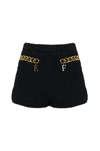 Elisabetta Franchi Tweed Shorts With Logo Chain In Nero