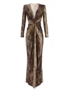 Elisabetta Franchi Draped Metallic Knee Length Dress With Sleeves In Brown