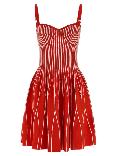 Elisabetta Franchi Two-tone Knit Mini Dress With Perforated Fabric In Red