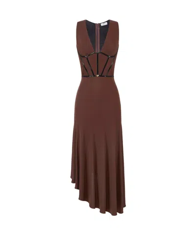 Elisabetta Franchi V-neck Asymmetric Midi Dress In Brown
