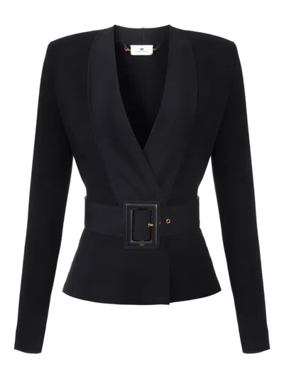 Elisabetta Franchi Waist Belt Long Sleeve Jacket In Black