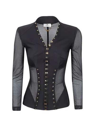 Elisabetta Franchi Body-hugging Bustier Jacket With Geometric Cuts And Satin Accents In Black